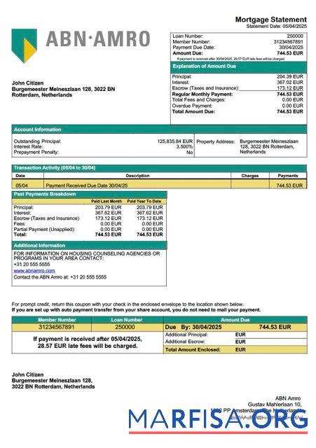 Printable Netherlands ABN Amro mortgage statement Word and PDF template
